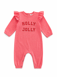 Pink baby romper with ruffled sleeves, featuring the text "HOLLY JOLLY" in bold red letters.