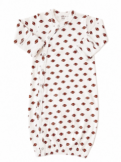 White baby gown with brown football print and snap closures. Ideal for comfortable sleepwear.