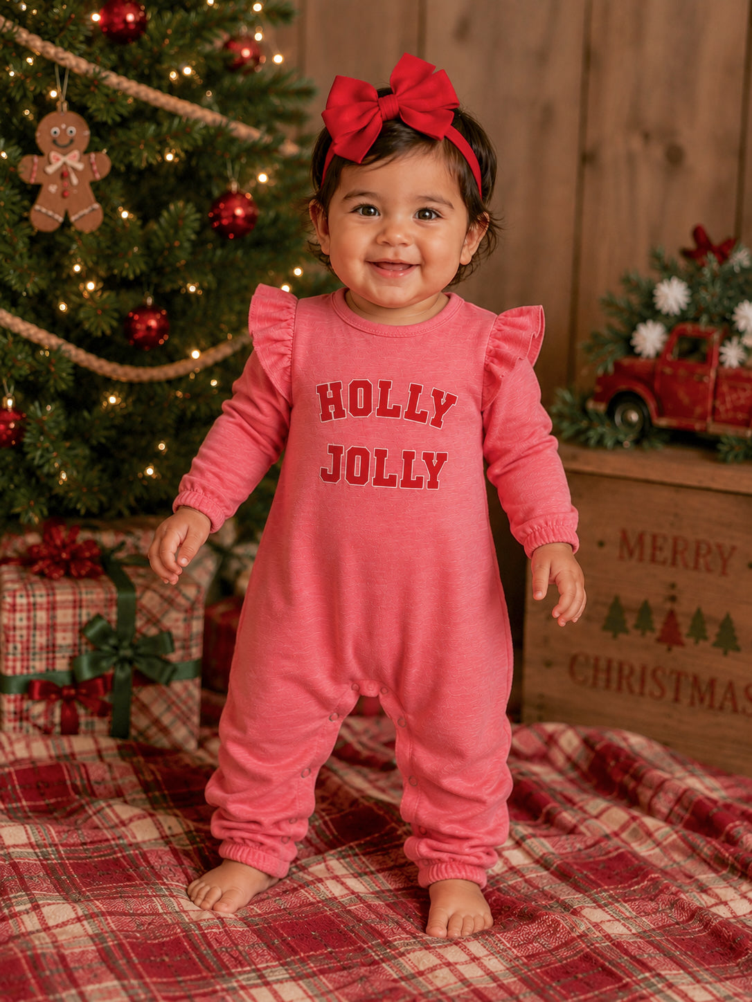 Smiling toddler in a pink jumpsuit with 