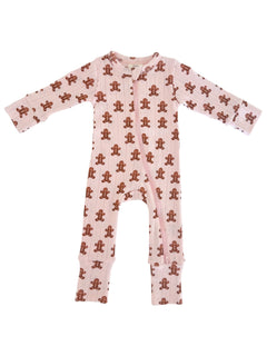Pink baby onesie featuring a gingerbread man pattern, with long sleeves and a front zipper closure.