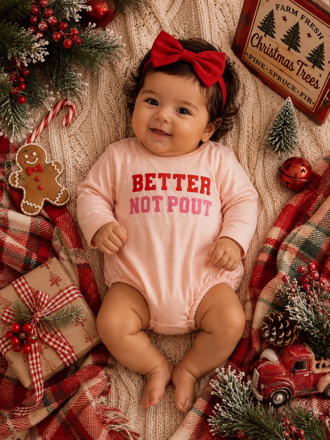 Smiling baby in a pink onesie with 