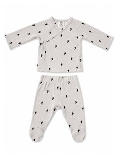 Gray baby outfit set featuring a long-sleeve top and matching pants with black lightning bolt print.