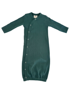 Teal long-sleeve baby gown with ribbed texture and snap buttons down the front for easy dressing.