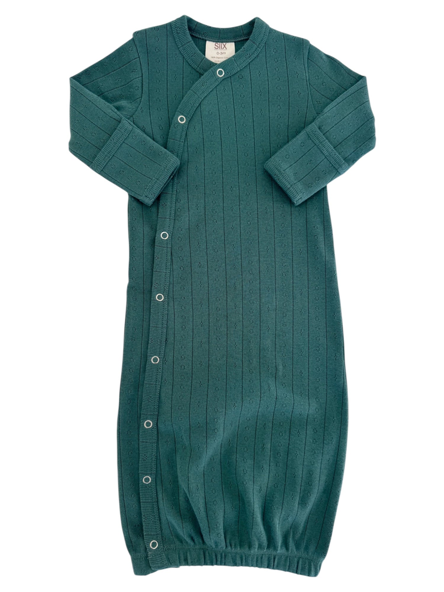 Teal baby gown with long sleeves and snap closures, featuring a ribbed texture and gathered hem.