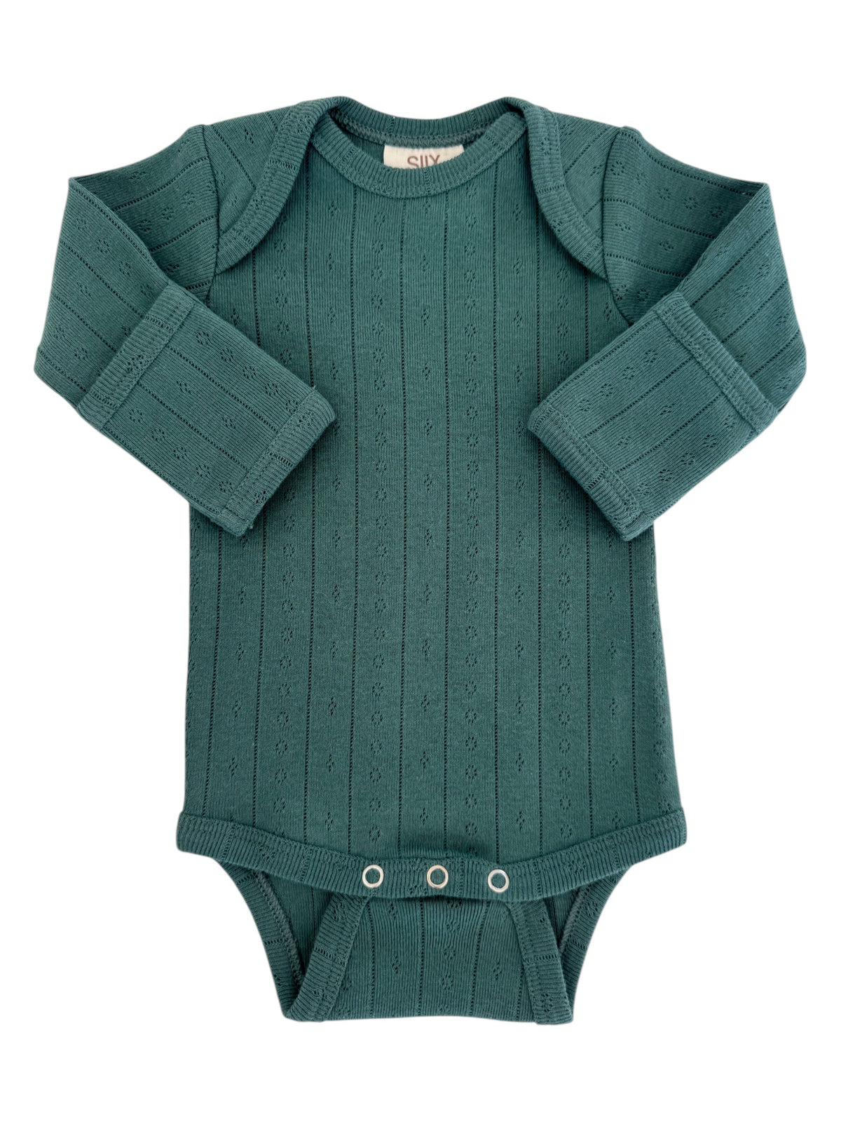 Teal ribbed baby onesie with long sleeves, round neck, and snap closures at the bottom.