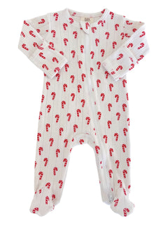 White pajama onesie with red candy cane print, featuring long sleeves and a zipper. Perfect for holiday sleepwear.