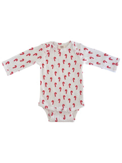 White baby bodysuit with long sleeves, printed with red candy canes. Perfect for festive occasions.