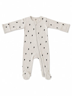 Gray baby onesie with black lightning bolt pattern, long sleeves, and zippers. Suitable for infants.
