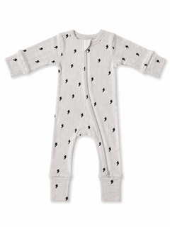 Light gray baby onesie with black lightning bolt patterns and a front zipper. Ideal for comfort and style.