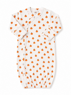 White baby gown featuring a playful pumpkin pattern in orange and black. Perfect for fall-themed outfits.