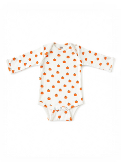 White long-sleeve onesie with a pattern of small orange pumpkins. Perfect for fall or Halloween.