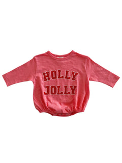 Pink long-sleeve baby bodysuit with "HOLLY JOLLY" printed in bold, festive letters.