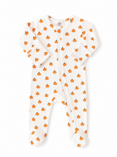 White baby onesie with orange pumpkin prints, featuring a zipper and long sleeves. Perfect for autumn or Halloween.