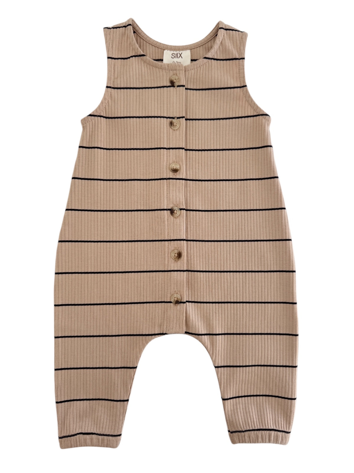 Beige striped romper with buttons, sleeveless design, soft fabric suitable for infants and toddlers.