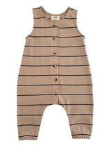 Beige striped romper with buttons, sleeveless design, soft fabric suitable for infants and toddlers.