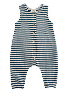 Striped baby romper in blue and white, featuring buttons down the front and sleeveless design.
