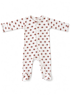 White infant onesie with a repeated brown football pattern and zipper closure in the front. Perfect for sports fans.