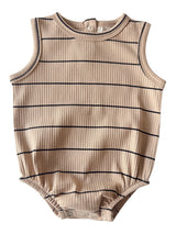 Tan striped baby bodysuit with sleeveless design and snap closure at the bottom. Ideal for warm weather wear.