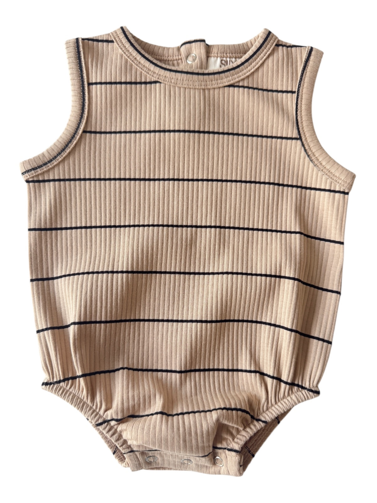 Tan striped baby bodysuit with sleeveless design and snap closure at the bottom. Ideal for warm weather wear.