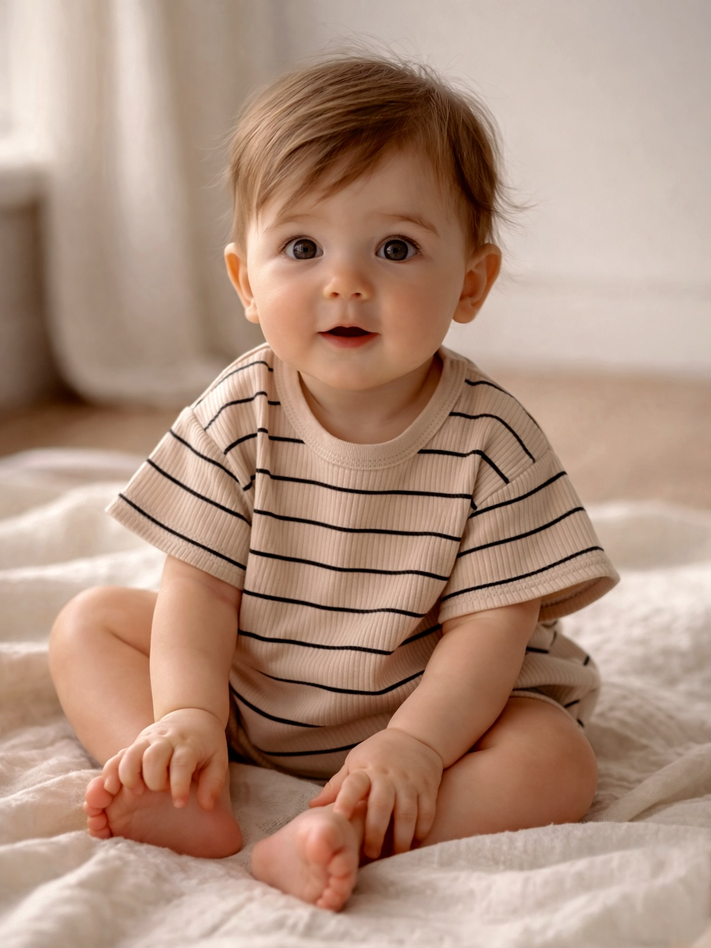 Smiling baby sitting on a soft blanket, wearing a striped t-shirt, with a neutral background.