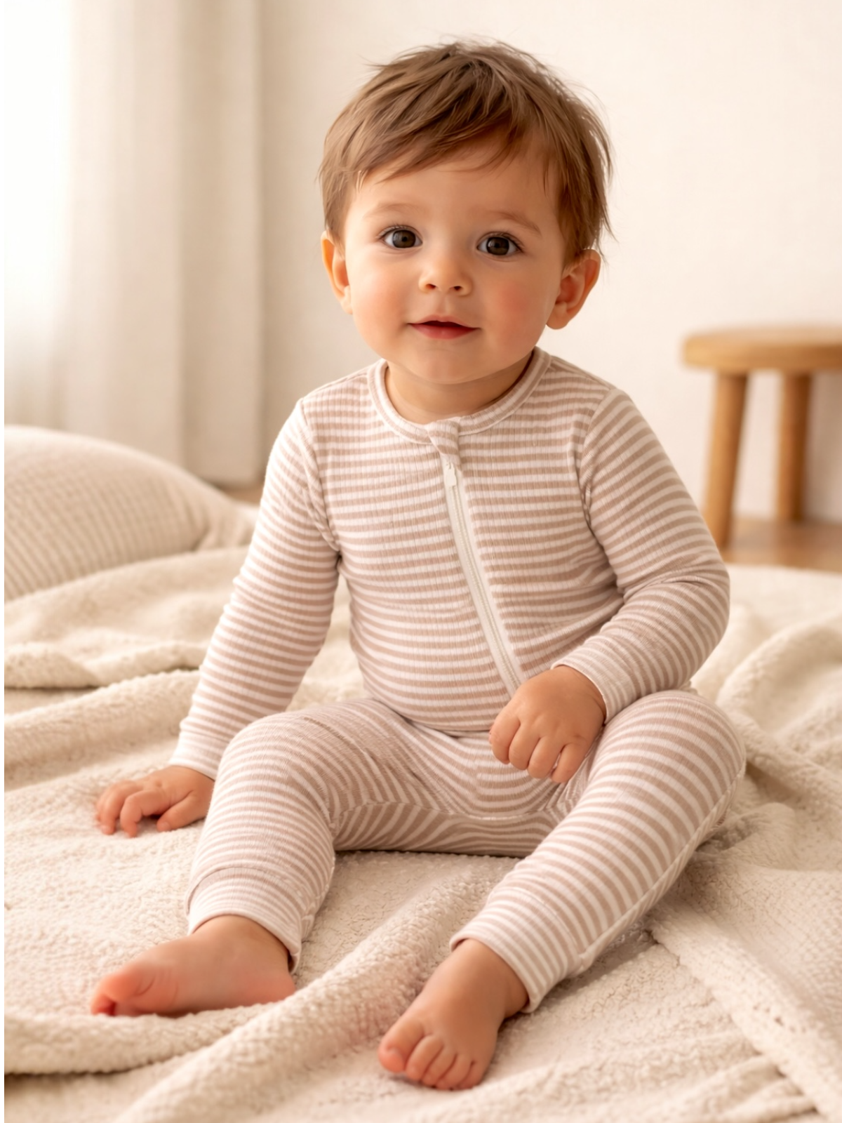 Smiling child in striped pajamas sitting on a soft blanket with a neutral background.