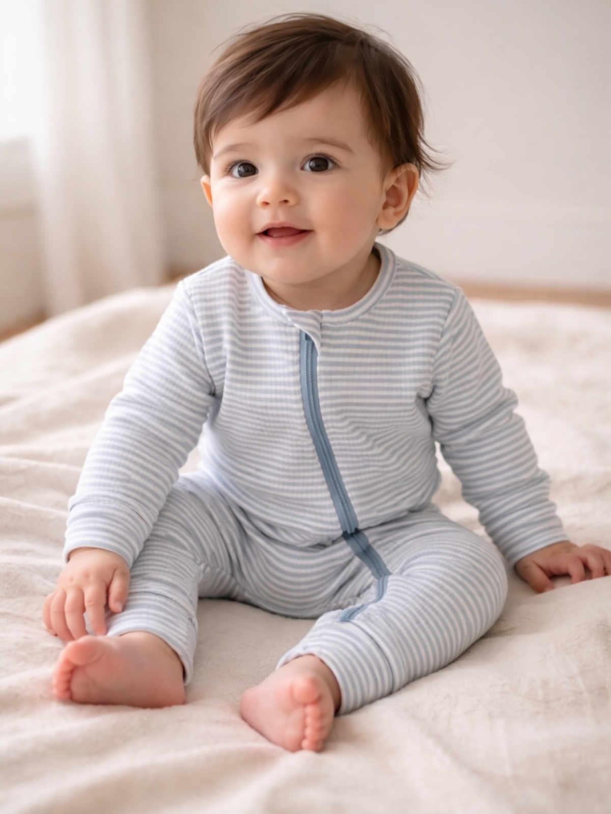 Smiling baby in striped pajamas sitting on a soft blanket, looking joyful and playful.