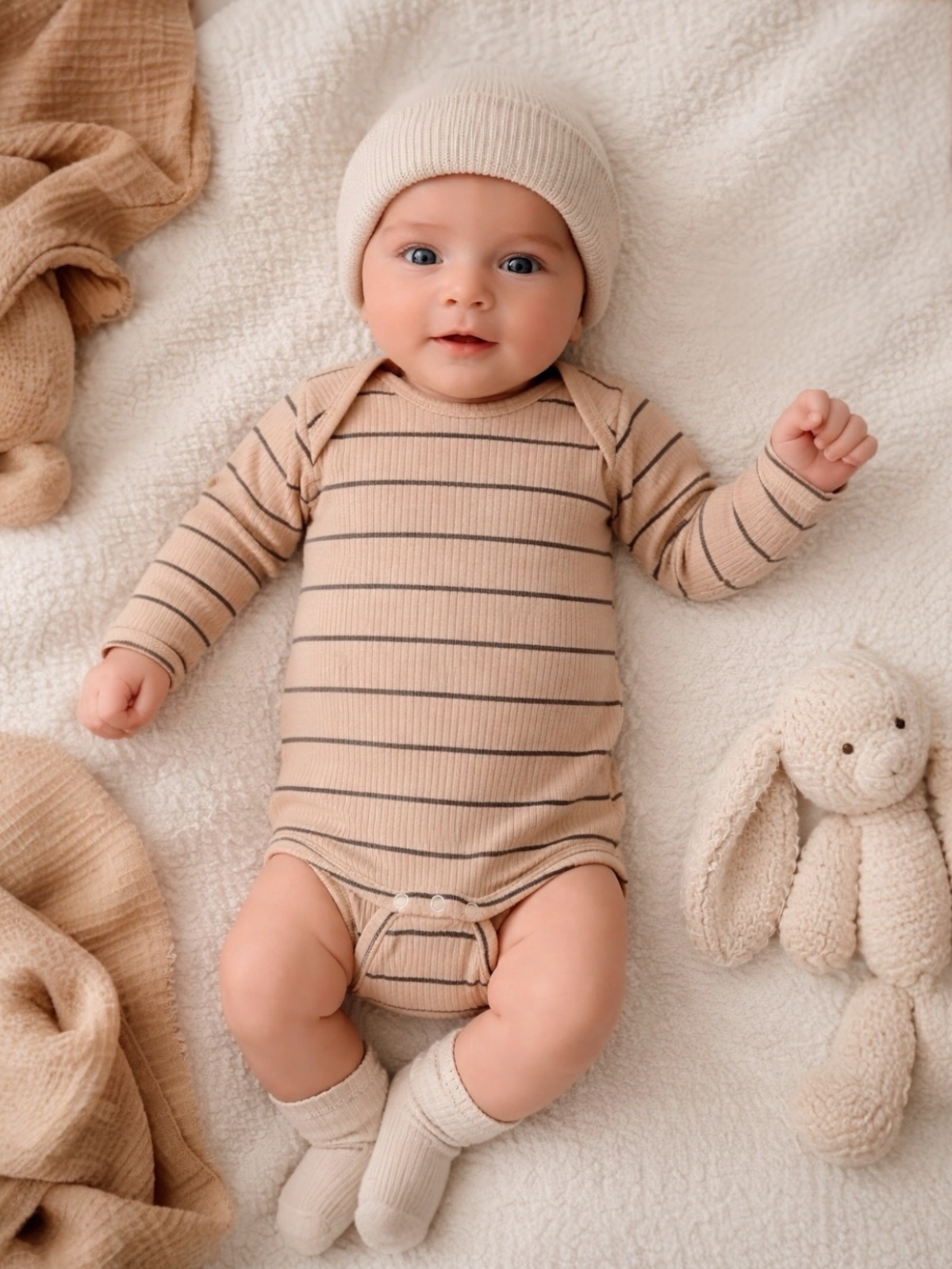 Tan/Black Stripe / Ribbed Long Sleeve Bodysuit
