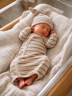 Newborn baby sleeping in a striped outfit and hat, nestled in a cozy bassinet covered with a soft blanket.