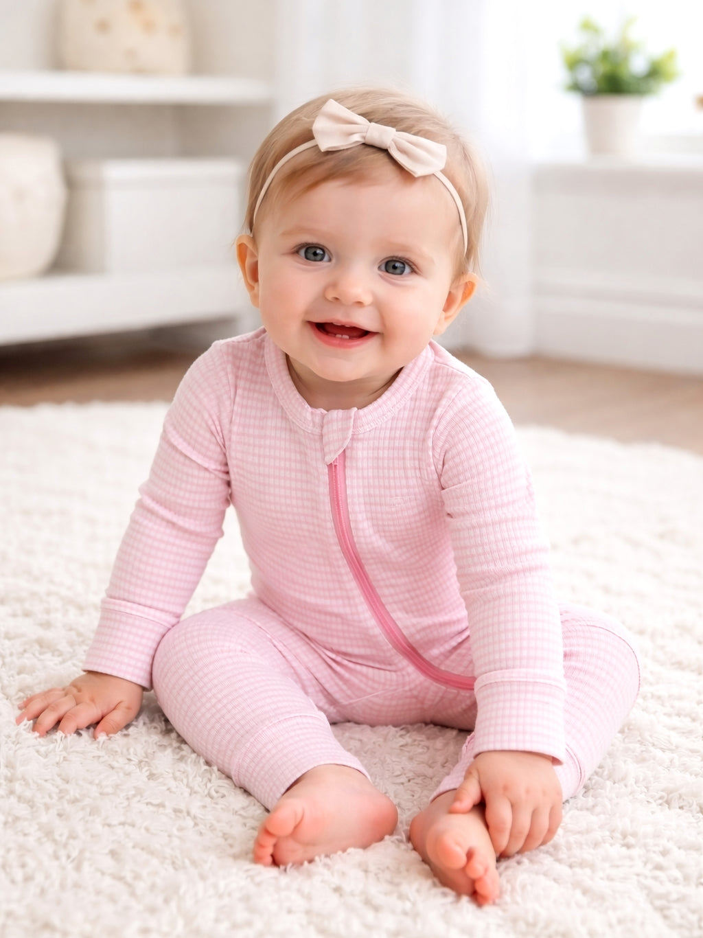 Smiling baby girl in pink pajamas and bow, sitting on a soft rug in a bright, cozy room.