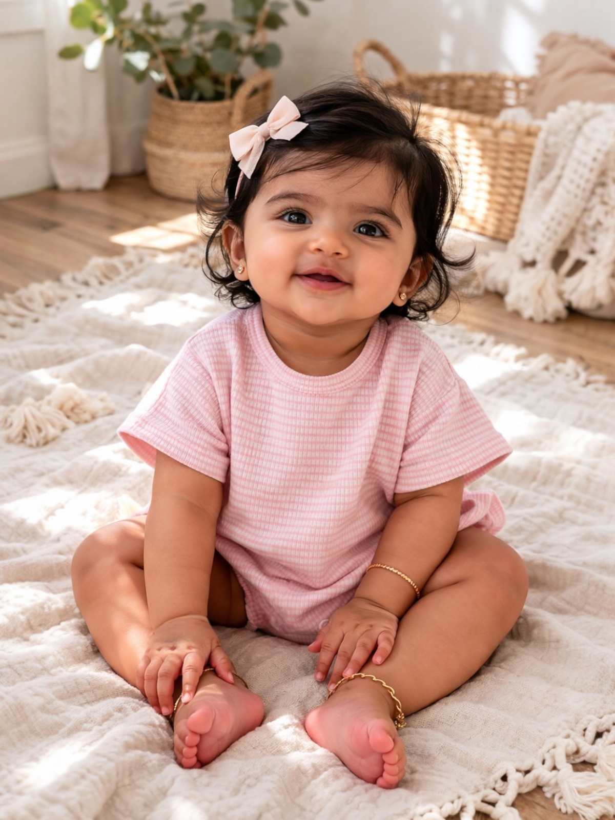 Smiling baby girl in a pink outfit sitting on a light rug, surrounded by natural light and decorative baskets.