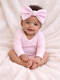 Smiling baby girl in a pink outfit and large bow, sitting on a soft, textured blanket.