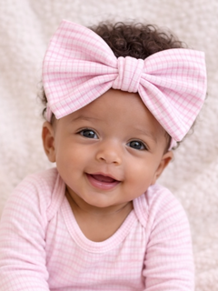Smiling baby girl with curly hair wearing a pink checkered outfit and a large pink bow headband.