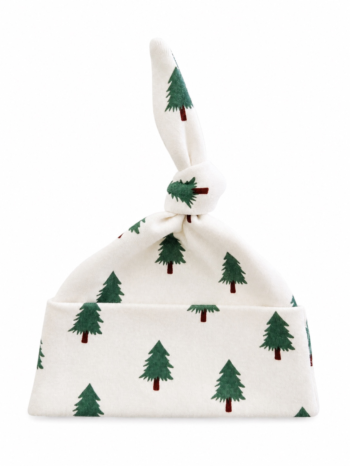 White baby hat with green tree patterns and a knotted top. Ideal for winter and festive occasions.