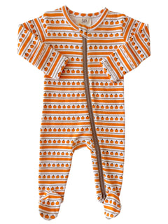 Infant footed pajamas with orange pumpkin pattern and brown zipper, suitable for fall and Halloween.