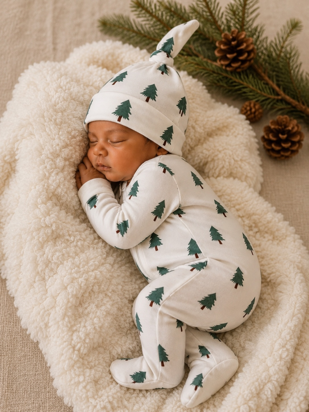Sleeping baby in festive onesie on cozy blanket with pine branches and pinecones nearby.