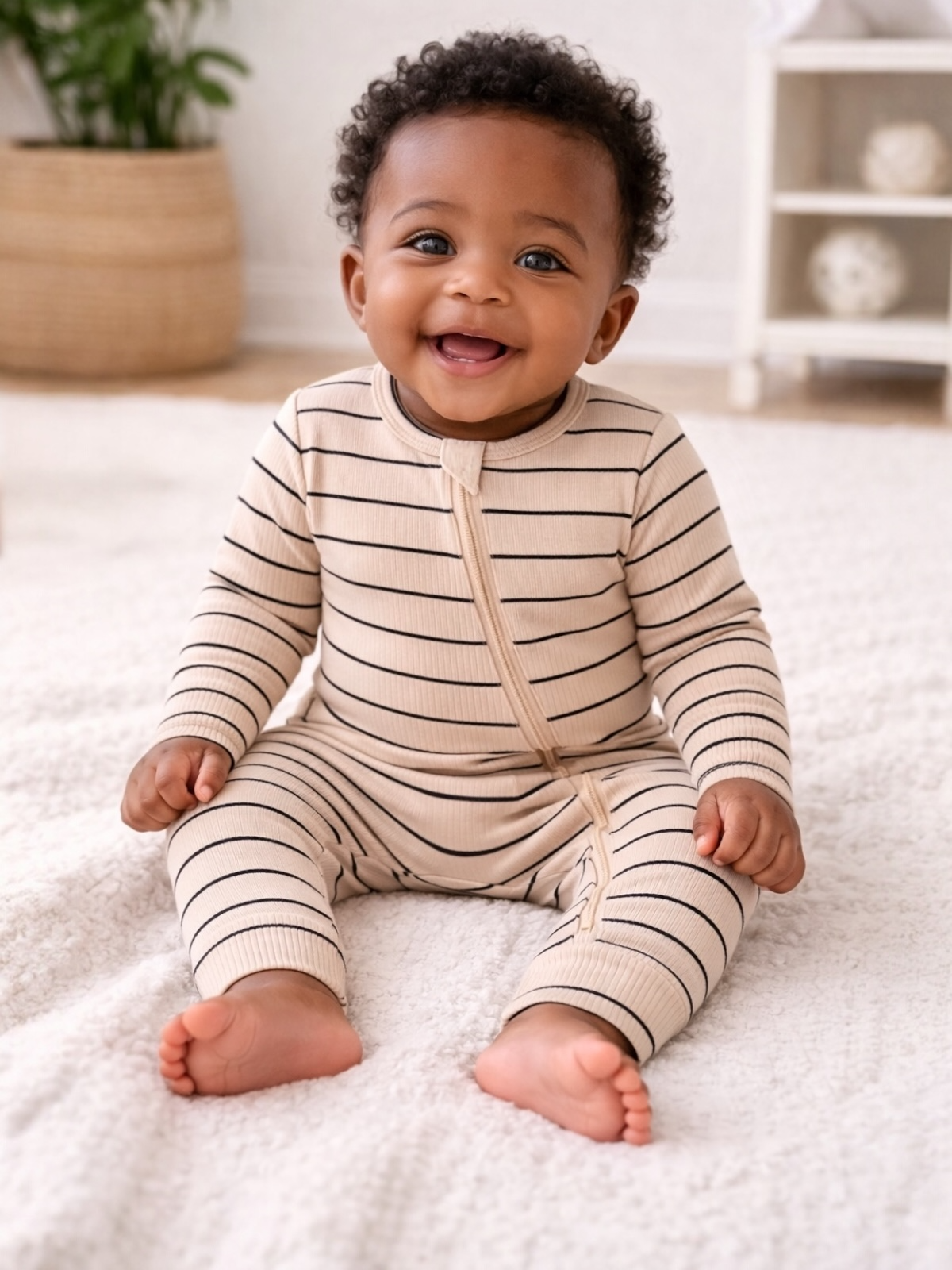 Smiling baby in striped pajamas sitting on a textured blanket. Bright and cheerful indoor setting.