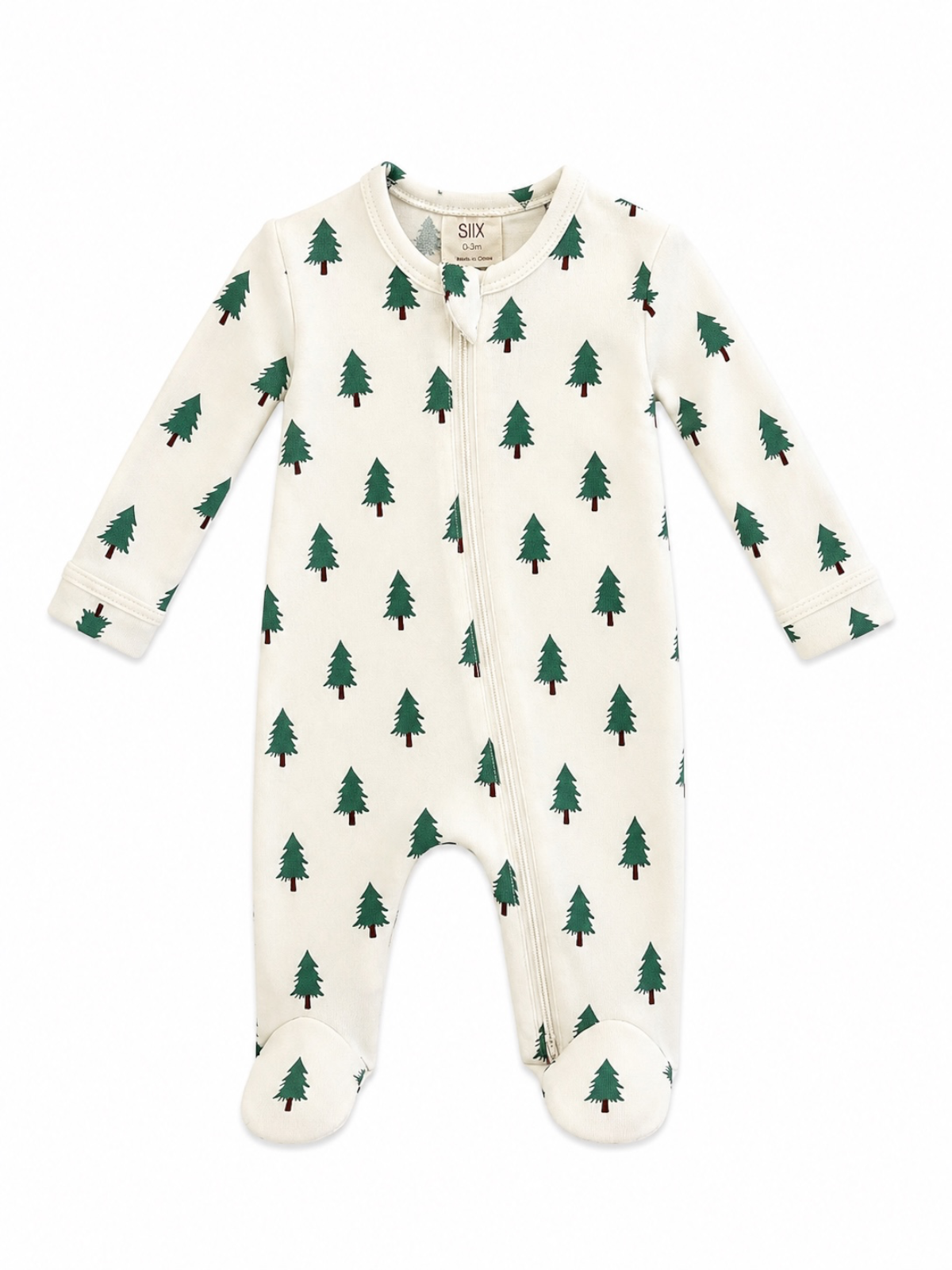 White baby onesie with green trees pattern, featuring a front zipper and footed legs for warmth and comfort.