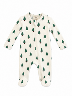 White baby onesie with green trees pattern, featuring a front zipper and footed legs for warmth and comfort.