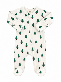 White baby onesie with green Christmas tree print and footed bottoms, featuring a front zipper closure.
