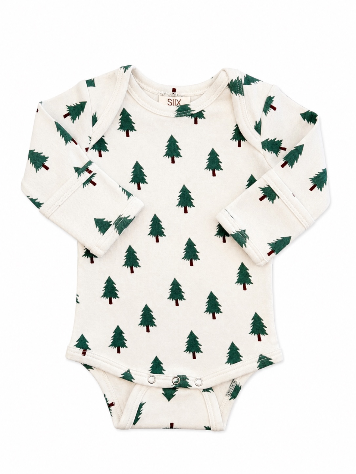 Long-sleeve baby onesie with an all-over green pine tree pattern on a light background.