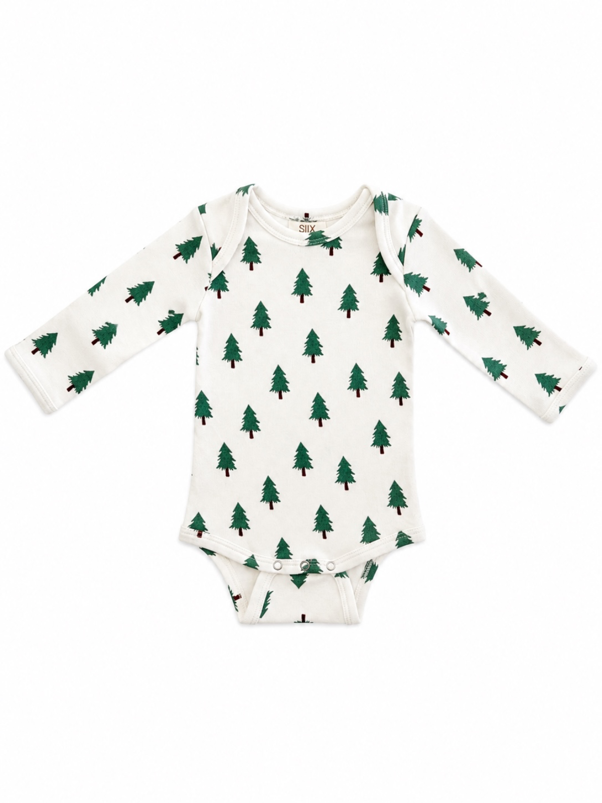 Long-sleeve baby onesie with a green tree pattern on a white background. Perfect for cozy, stylish wear.