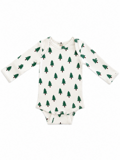 Long-sleeve baby onesie with a green tree pattern on a white background. Perfect for cozy, stylish wear.