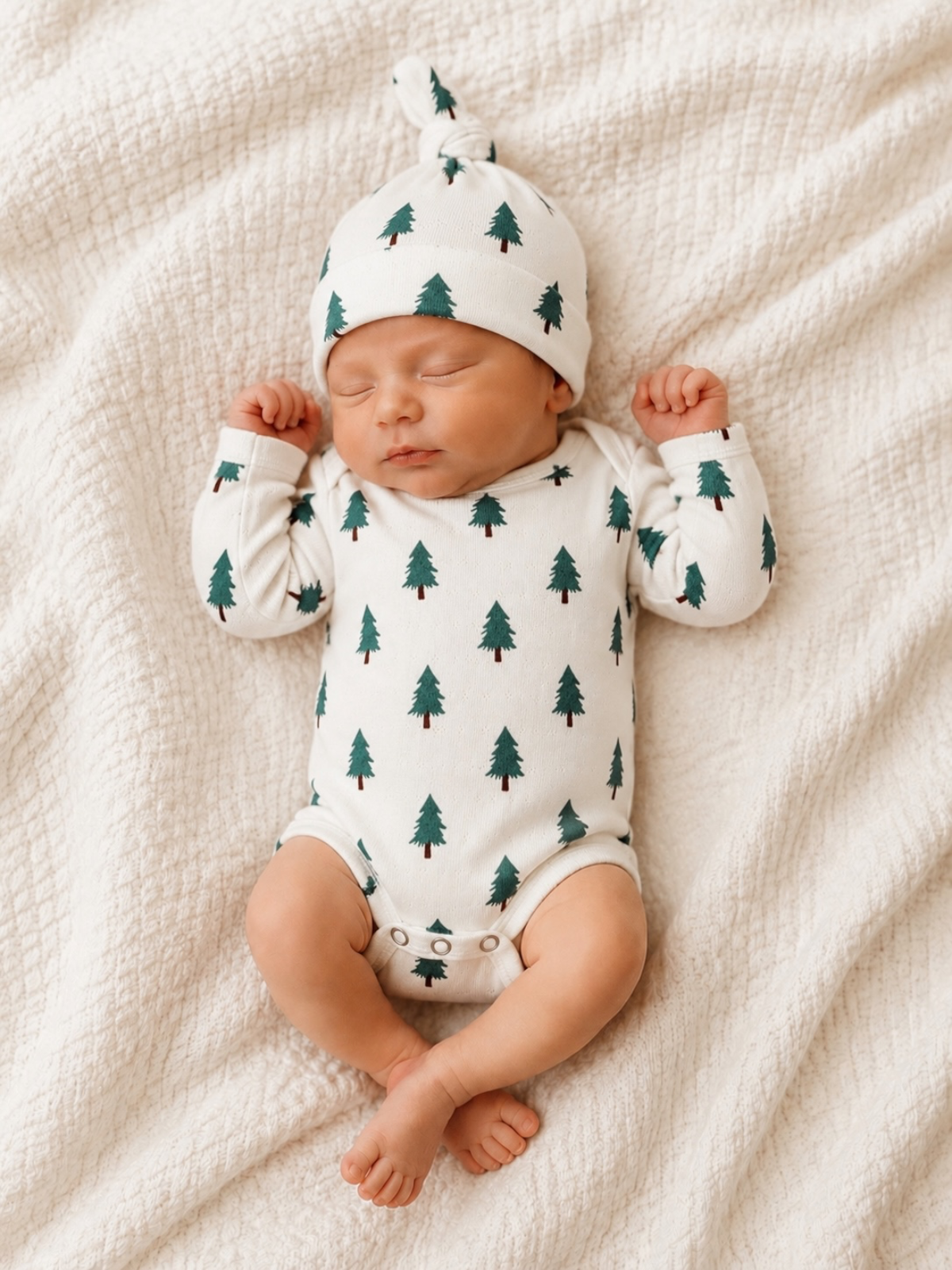 Newborn baby in a tree-patterned onesie and hat, sleeping peacefully on a textured blanket.