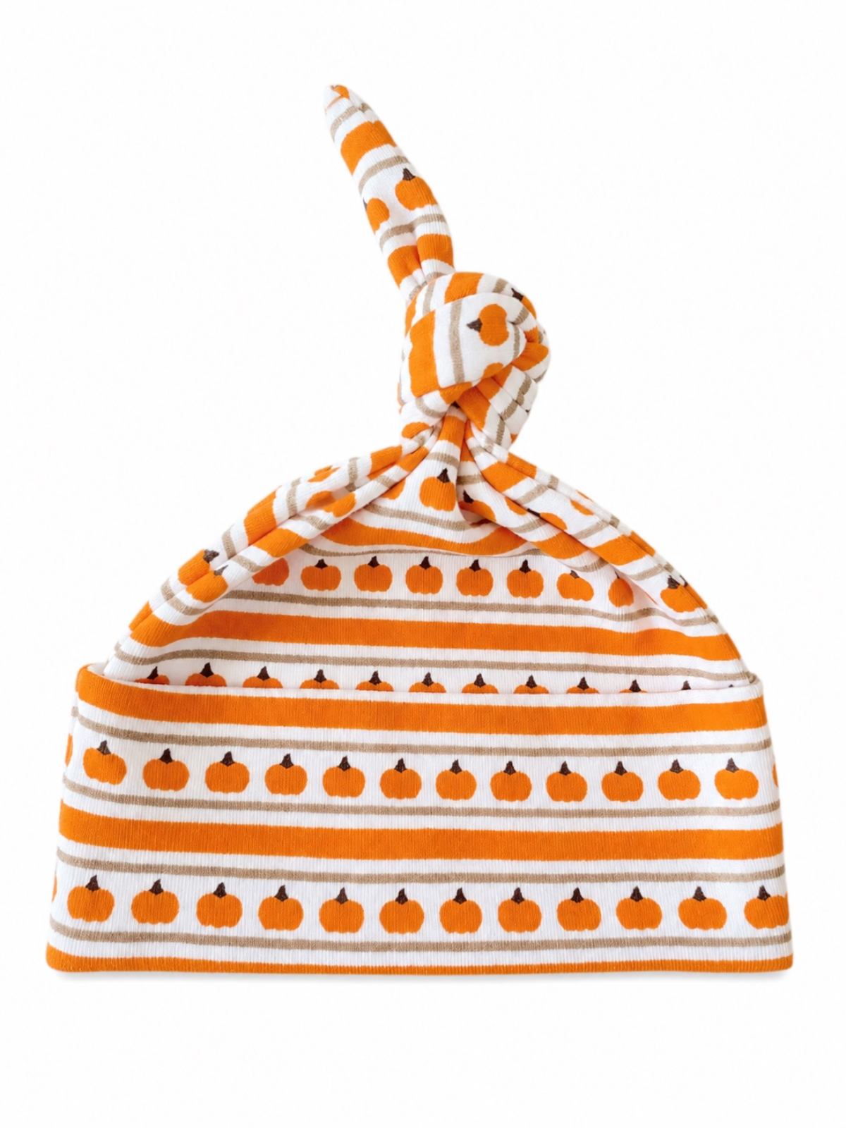 Striped baby hat with orange pumpkins and a knotted top design. Perfect for fall or Halloween-themed outfits.