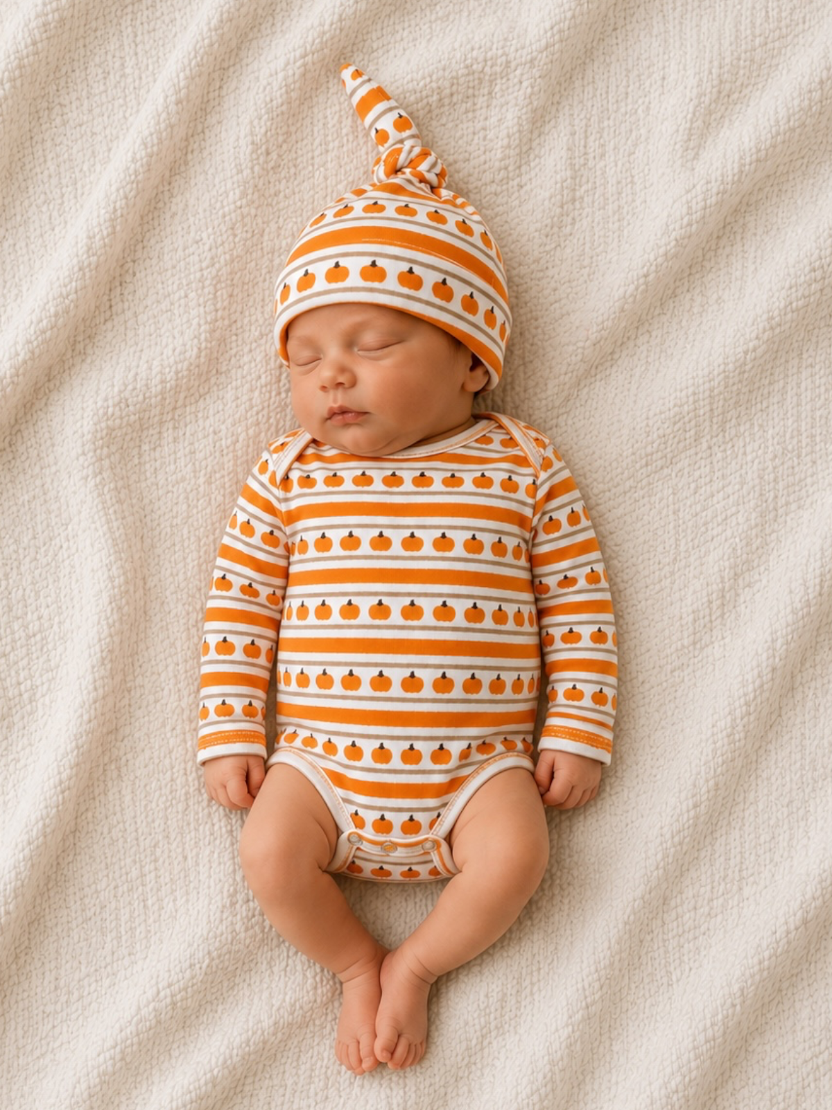 Sleeping baby in striped pumpkin-patterned outfit and hat, resting on a soft blanket.