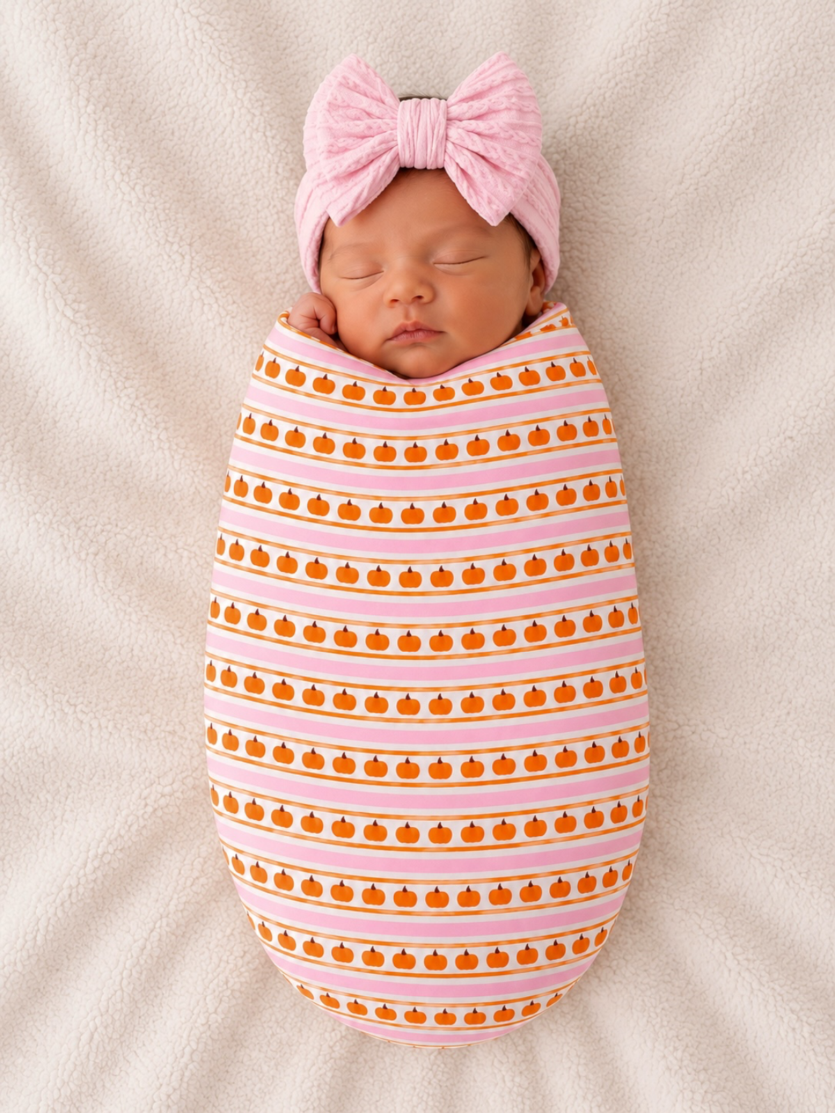 Newborn wrapped in pumpkin-patterned fabric, wearing a pink bow, resting on a soft, light-colored blanket.