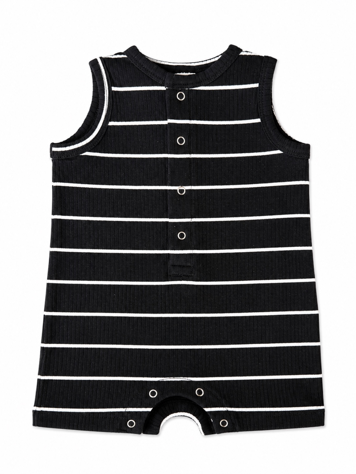 Black and white striped sleeveless onesie with buttons and snap closure at the bottom.