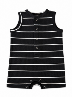 Black and white striped sleeveless onesie with buttons and snap closure at the bottom.