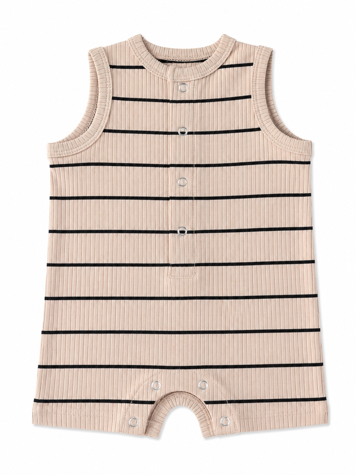 Light beige infant romper with black stripes and snap button closures, sleeveless design.