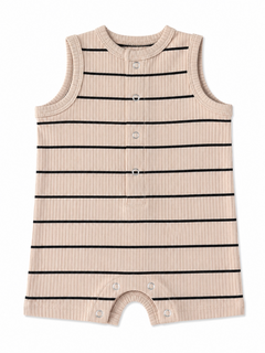 Light beige infant romper with black stripes and snap button closures, sleeveless design.